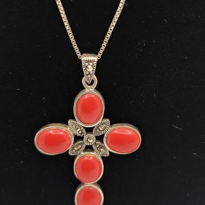 Sterling Silver Coral Colored Stone Cross Necklace