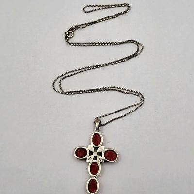 Sterling Silver Coral Colored Stone Cross Necklace