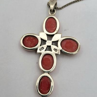 Sterling Silver Coral Colored Stone Cross Necklace