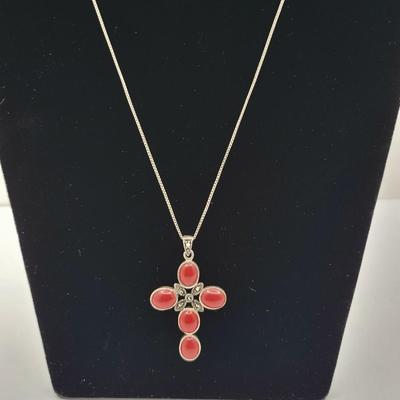 Sterling Silver Coral Colored Stone Cross Necklace