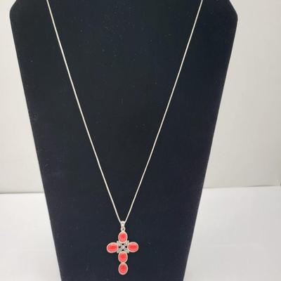 Sterling Silver Coral Colored Stone Cross Necklace