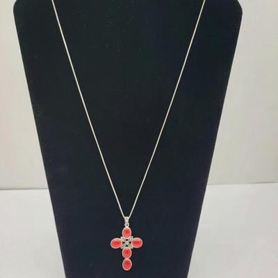 Sterling Silver Coral Colored Stone Cross Necklace