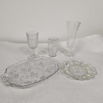 Vintage Crystal Glass Platter Deviled Egg Dish & Vases