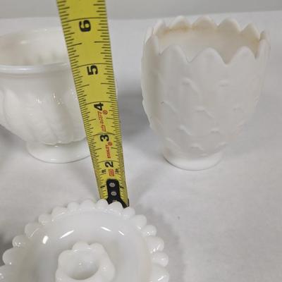 Vintage White Milk Glass Feather Wheat Planter Candlstick Holders Satin Doeskin Vase
