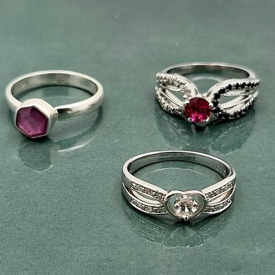 Sterling Ring Trio Diamond/White Topaz, Ruby, Sapphire