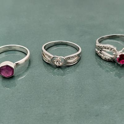 Sterling Ring Trio Diamond/White Topaz, Ruby, Sapphire