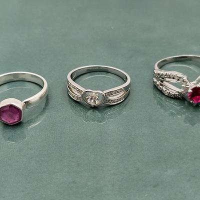 Sterling Ring Trio Diamond/White Topaz, Ruby, Sapphire