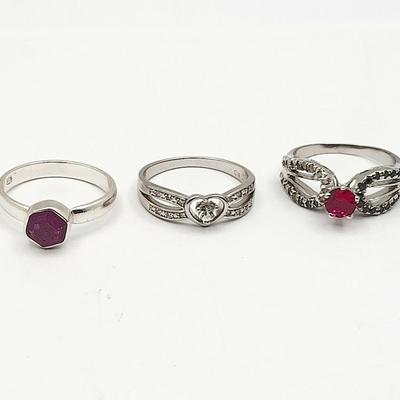 Sterling Ring Trio Diamond/White Topaz, Ruby, Sapphire
