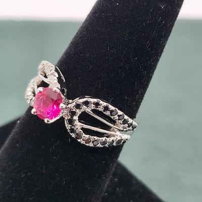 Sterling Ring Trio Diamond/White Topaz, Ruby, Sapphire