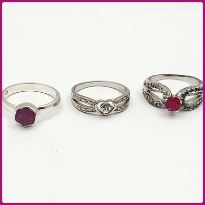 Sterling Ring Trio Diamond/White Topaz, Ruby, Sapphire