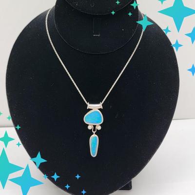 Double Opal & Pearl Accent Necklace Sterling Chain 17gr