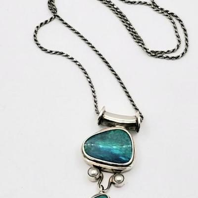 Double Opal & Pearl Accent Necklace Sterling Chain 17gr