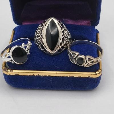 Sterling Silver & Onyx Rings Trio 9.4gr