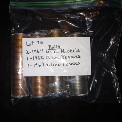2 1964 unc. Nickels, 1 1962 d unc and 1 1969 s unc pennies