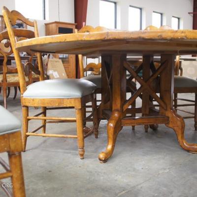 Baroque style mixed wood large circular dining table + side chairs