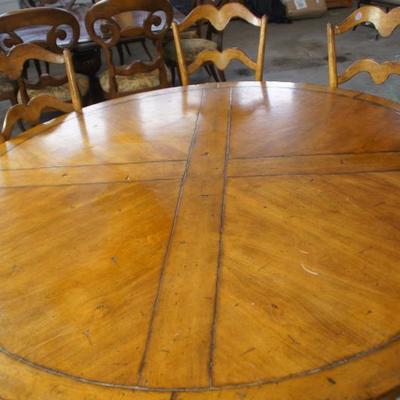 Baroque style mixed wood large circular dining table + side chairs