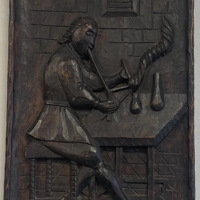 Vintage Folk Art Carved plaque 3D Medieval scribe