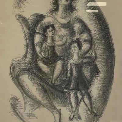 "The Family" Signed Lithograph of Mother and Children by Cham Gross 1969