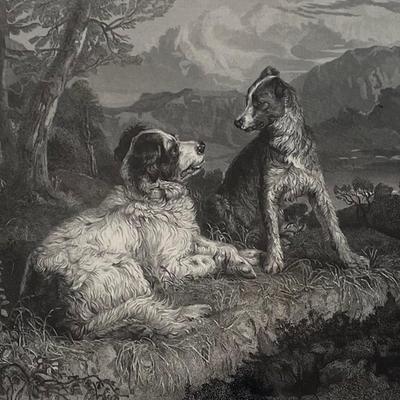 Edward Landseer 1828 Lithograph "Two Dogs on a Grassy Bank", Print by Benjamin Phelps Gibson