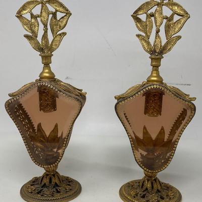 Twin Vintage Art Nouveau Style Cast Brass Perfume Bottle
