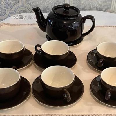 Six Tea Cups/Saucers and Tea Pot Hoganas Ceramic Stamped