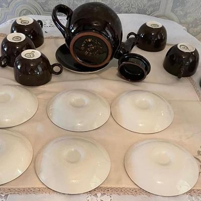 Six Tea Cups/Saucers and Tea Pot Hoganas Ceramic Stamped