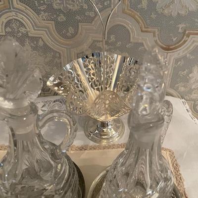 Collection Silverplate Salt Pepper Shakers, Creamer, Oil Crystal Decanters and More