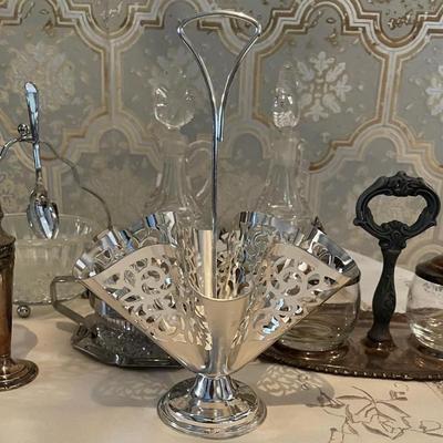 Collection Silverplate Salt Pepper Shakers, Creamer, Oil Crystal Decanters and More