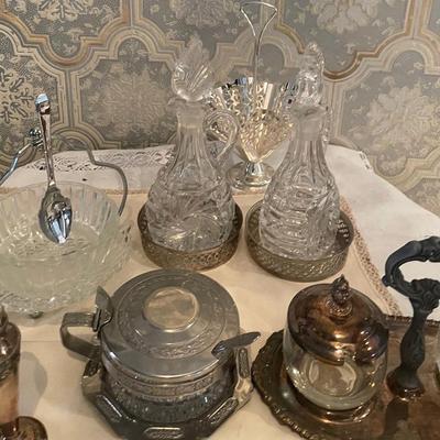 Collection Silverplate Salt Pepper Shakers, Creamer, Oil Crystal Decanters and More