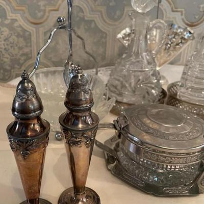Collection Silverplate Salt Pepper Shakers, Creamer, Oil Crystal Decanters and More