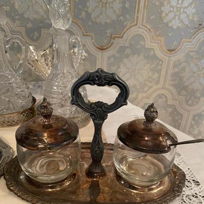Collection Silverplate Salt Pepper Shakers, Creamer, Oil Crystal Decanters and More