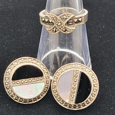 Sterling Silver & Marcasite Ring, Earrings 12.1gr