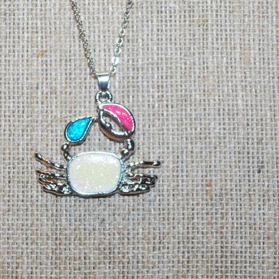 Colorful Aquamarine, Pinks & Yellows Crab PENDANT (1½" x 1") on a Silver Tone Necklace Chain 16" L