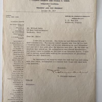 Independent candidate T. Coleman Andrews signed collector letter 