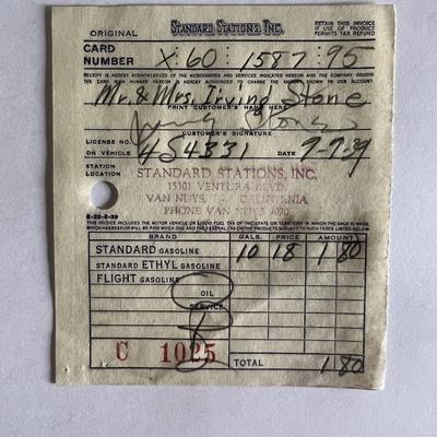 Irving Stone signed gas receipt
