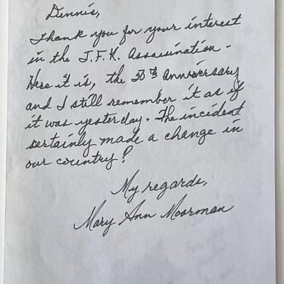 JFK assassination witness Mary Ann Moorman signed note