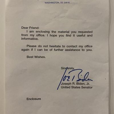 US Delaware Senator Joseph r. Biden Jr facsimile signed letter 