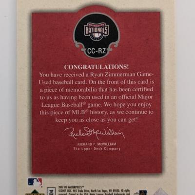 Ryan Zimmerman Baseball Trading Card with Game Used Jersey Swatch - Upper Deck UD Masterpieces #CC-RZ 2007