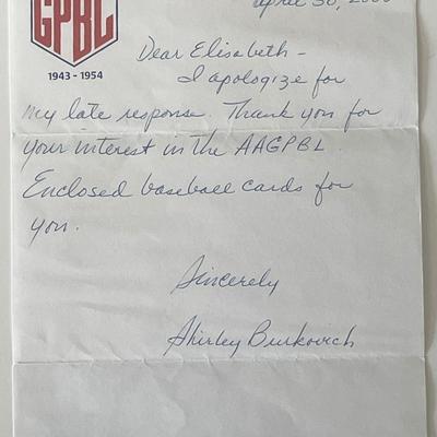 Girls baseball Shirley Burkovich signed note