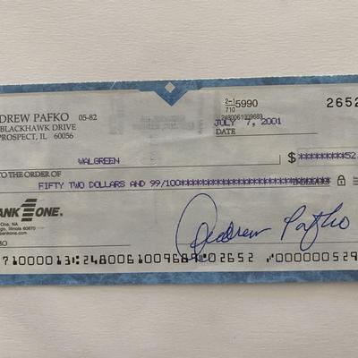 Andrew Pafko signed check