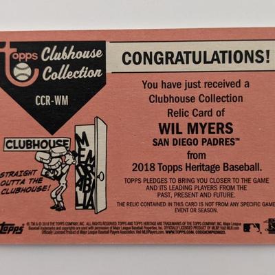 Wil Myers Baseball Trading Card with Game Worn Jersey Swatch - Topps Heritage Clubhouse Collection #CCR-WM 2018