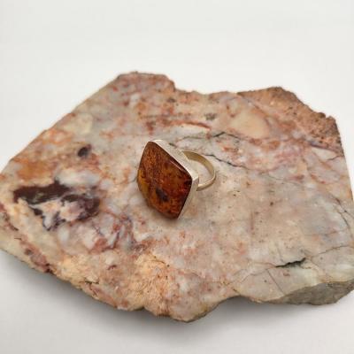 Large Square Baltic Amber Ring In Sterling Silver