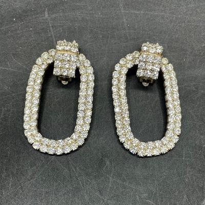 Oversized Oval Shaped Rhinestone Clip-on Earrings
