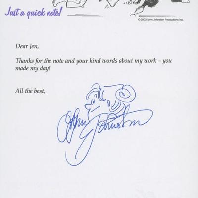 Lynn Johnston signed note
