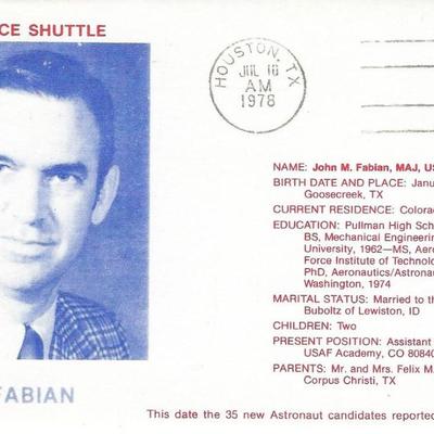 John Fabian signed 1978 Space Shuttle commemorative First Day Cover