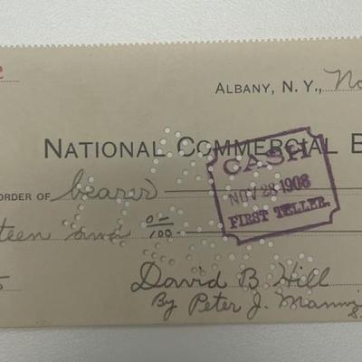 Former Governor of New York David B. Hill 1908 signed check 