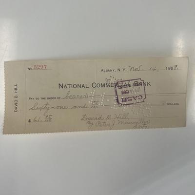 Former Governor of New York David B. Hill 1908 signed check 