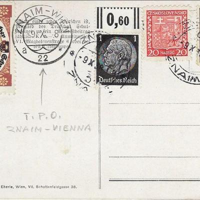 Znaim-Vienna TPO postmarked postcard with Third Reich stamps