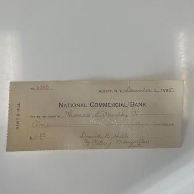 Former Governor of New York David B. Hill 1908 signed check 