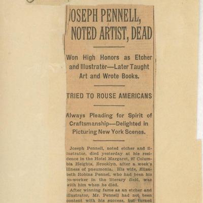 Rare Joseph Pennell original signature and newspaper clipping
